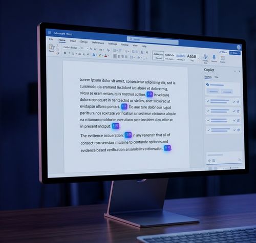 Monitor de ordenador mostrando la interfaz de Microsoft Word con el panel lateral de Copilot y referencias numeradas en el texto.