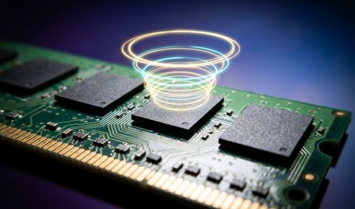 Módulo de memoria RAM con efectos de luces circulares que simbolizan el procesamiento de datos sobre uno de sus chips.