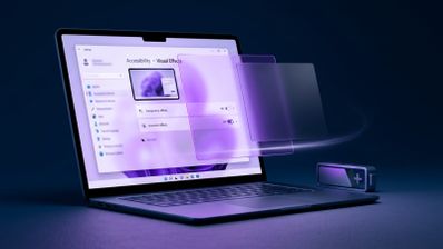 Ilustración de un ordenador portátil con el menú de configuración de efectos visuales de Windows 11 y capas translúcidas flotando sobre la pantalla junto a un icono de batería.