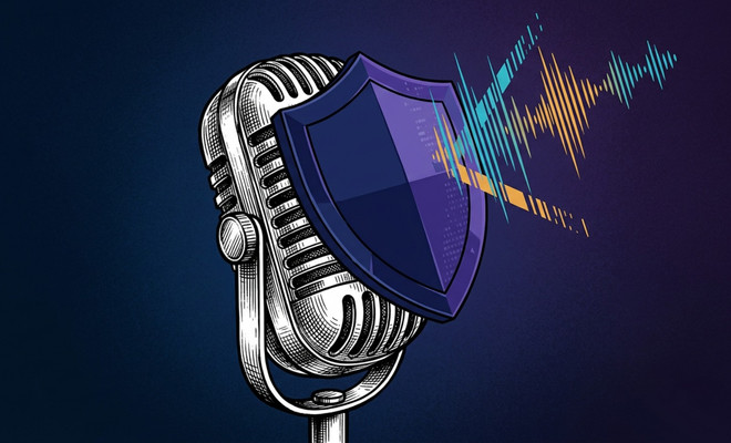 Ilustración de un micrófono clásico protegido por un escudo frente a ondas de sonido.