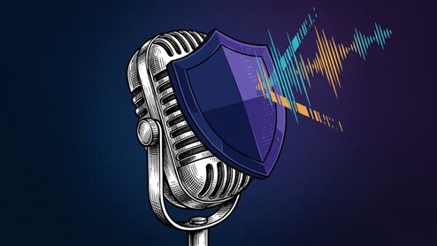 Ilustración de un micrófono clásico protegido por un escudo frente a ondas de sonido.