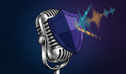 Ilustración de un micrófono clásico protegido por un escudo frente a ondas de sonido.