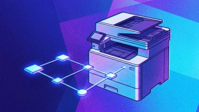 Ilustración de una impresora multifunción profesional con un esquema de red y conexiones digitales en colores azul y púrpura.