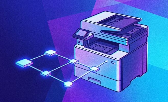 Ilustración de una impresora multifunción profesional con un esquema de red y conexiones digitales en colores azul y púrpura.