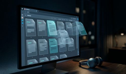 Interfaz de navegador Microsoft Edge en una pantalla de ordenador mostrando una cuadrícula de documentos PDF que se reorganizan visualmente.