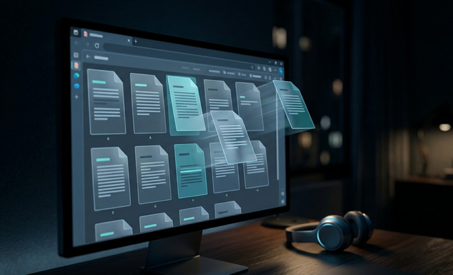 Interfaz de navegador Microsoft Edge en una pantalla de ordenador mostrando una cuadrícula de documentos PDF que se reorganizan visualmente.
