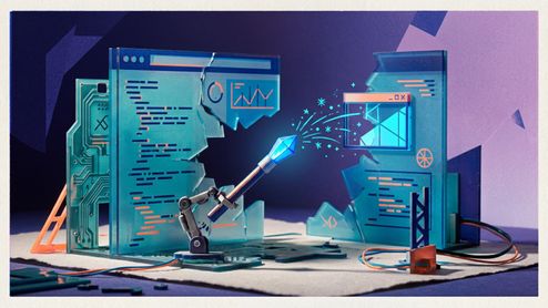 Ilustración conceptual de un brazo robótico que sostiene una varita mágica de cristal frente a pantallas digitales de cristal rotas con líneas de código.