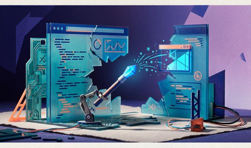 Ilustración conceptual de un brazo robótico que sostiene una varita mágica de cristal frente a pantallas digitales de cristal rotas con líneas de código.