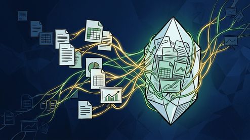 Ilustración conceptual de un cristal rodeado de conexiones que procesa documentos, hojas de cálculo y gráficos.