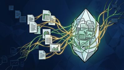 Ilustración conceptual de un cristal rodeado de conexiones que procesa documentos, hojas de cálculo y gráficos.