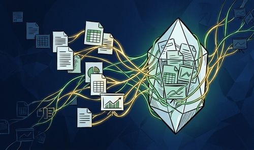 Ilustración conceptual de un cristal rodeado de conexiones que procesa documentos, hojas de cálculo y gráficos.