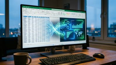Interfaz de Microsoft Excel en un monitor de escritorio mostrando la conversión de celdas de datos en gráficos dinámicos mediante una estela de luz brillante.