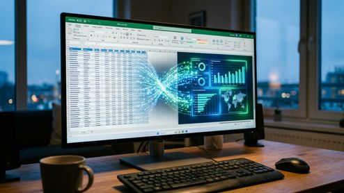 Interfaz de Microsoft Excel en un monitor de escritorio mostrando la conversión de celdas de datos en gráficos dinámicos mediante una estela de luz brillante.