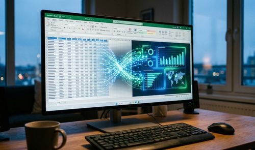 Interfaz de Microsoft Excel en un monitor de escritorio mostrando la conversión de celdas de datos en gráficos dinámicos mediante una estela de luz brillante.