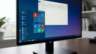 Monitor de ordenador mostrando el escritorio con el menú Inicio clásico de baldosas y una ventana del Explorador de archivos abierta sobre un fondo degradado azul y violeta.