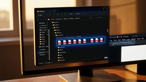 Interfaz de explorador de archivos en un monitor que muestra documentos PDF almacenados en una ruta de carpeta local oculta dentro de INetCache.