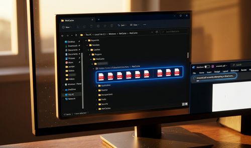 Interfaz de explorador de archivos en un monitor que muestra documentos PDF almacenados en una ruta de carpeta local oculta dentro de INetCache.