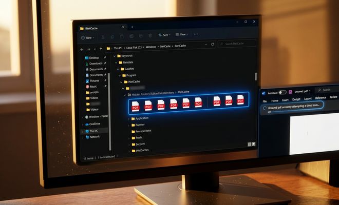 Interfaz de explorador de archivos en un monitor que muestra documentos PDF almacenados en una ruta de carpeta local oculta dentro de INetCache.
