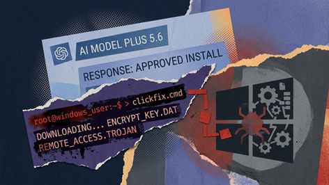 Ilustración de estilo collage que muestra una supuesta interfaz de ChatGPT denominada AI Model Plus 5.6 junto a líneas de código que ejecutan la descarga de un troyano sobre el logotipo de Windows.