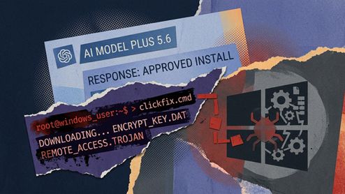 Ilustración de estilo collage que muestra una supuesta interfaz de ChatGPT denominada AI Model Plus 5.6 junto a líneas de código que ejecutan la descarga de un troyano sobre el logotipo de Windows.