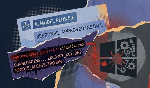 Ilustración de estilo collage que muestra una supuesta interfaz de ChatGPT denominada AI Model Plus 5.6 junto a líneas de código que ejecutan la descarga de un troyano sobre el logotipo de Windows.