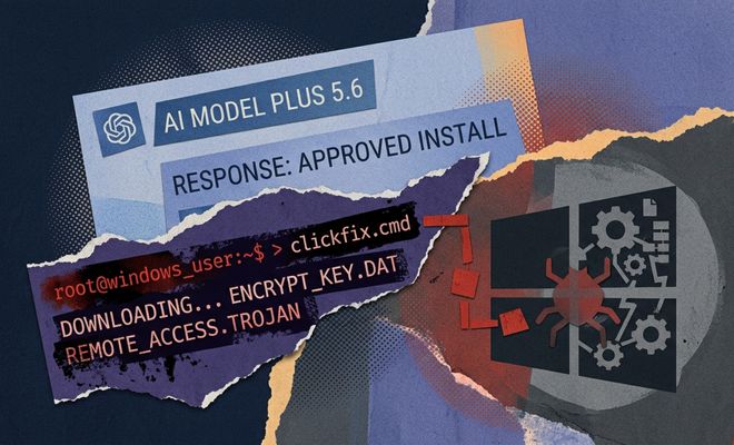 Ilustración de estilo collage que muestra una supuesta interfaz de ChatGPT denominada AI Model Plus 5.6 junto a líneas de código que ejecutan la descarga de un troyano sobre el logotipo de Windows.