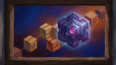 Ilustración de una cadena de paquetes de software marcados con el número 4 siendo reemplazados por un núcleo hexagonal tecnológico de color púrpura.