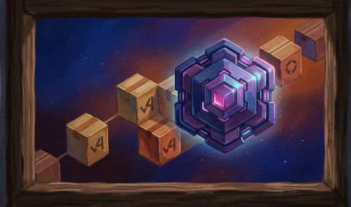 Ilustración de una cadena de paquetes de software marcados con el número 4 siendo reemplazados por un núcleo hexagonal tecnológico de color púrpura.