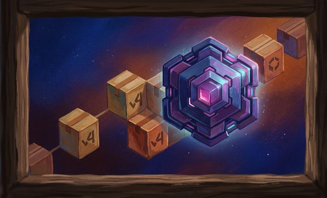 Ilustración de una cadena de paquetes de software marcados con el número 4 siendo reemplazados por un núcleo hexagonal tecnológico de color púrpura.