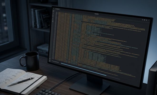 Monitor de ordenador en un escritorio oscuro que muestra la interfaz de FerrisPad con numerosas líneas de código y texto.