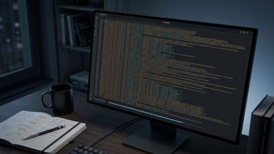 Monitor de ordenador en un escritorio oscuro que muestra la interfaz de FerrisPad con numerosas líneas de código y texto.