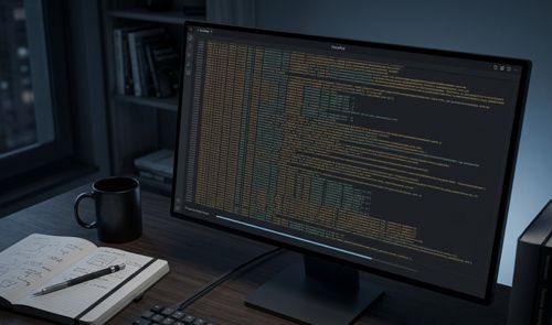 Monitor de ordenador en un escritorio oscuro que muestra la interfaz de FerrisPad con numerosas líneas de código y texto.