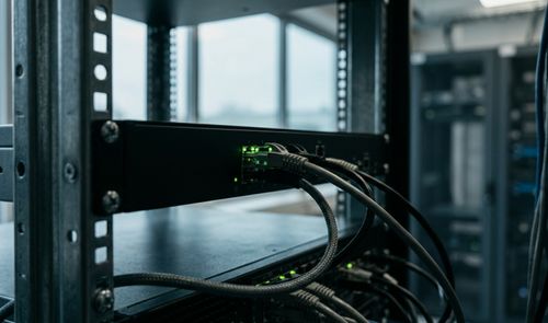 Primer plano de cables de red conectados a un servidor en un bastidor de centro de datos.