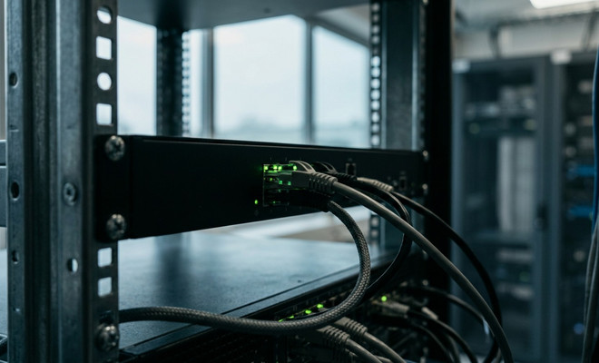 Primer plano de cables de red conectados a un servidor en un bastidor de centro de datos.