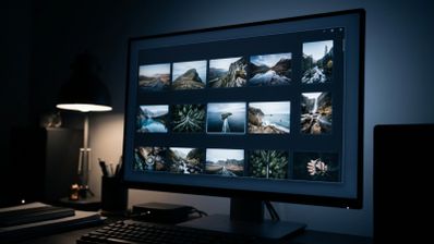 Monitor de ordenador en un entorno oscuro mostrando una cuadrícula de miniaturas de paisajes en la interfaz de FlyPhotos.