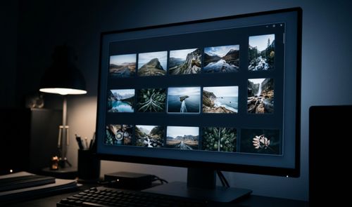 Monitor de ordenador en un entorno oscuro mostrando una cuadrícula de miniaturas de paisajes en la interfaz de FlyPhotos.