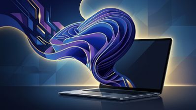 Ilustración conceptual de un ordenador portátil con una forma fluida y azul de estilo Windows emergiendo de su pantalla.