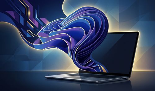 Ilustración conceptual de un ordenador portátil con una forma fluida y azul de estilo Windows emergiendo de su pantalla.