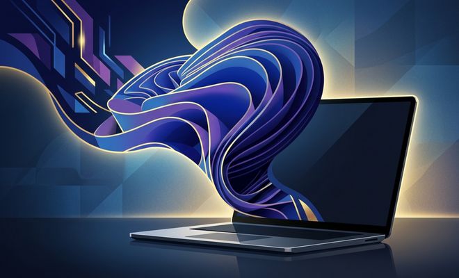 Ilustración conceptual de un ordenador portátil con una forma fluida y azul de estilo Windows emergiendo de su pantalla.
