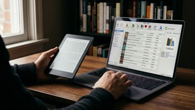 Persona utilizando el software Calibre en un ordenador portátil junto a un lector de libros electrónicos Kindle en una mesa de madera.