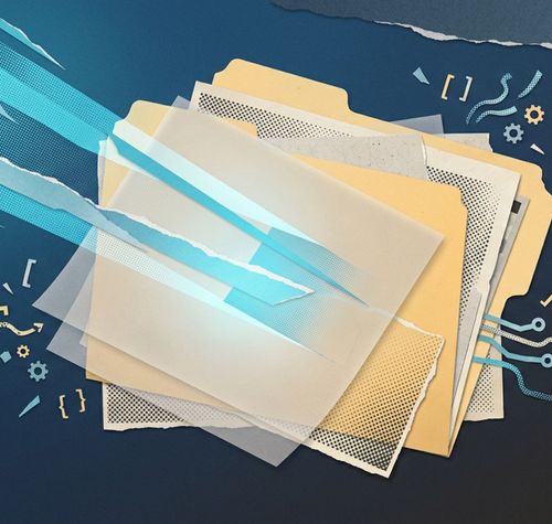 Ilustración conceptual de una carpeta de archivos atravesada por rayos de luz azul que simbolizan el escaneo de datos.
