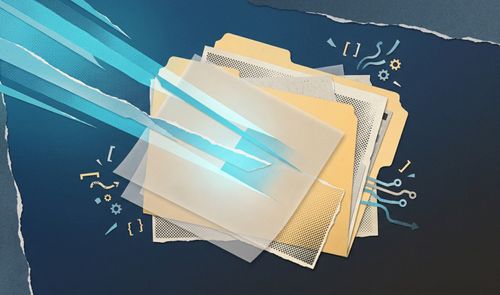 Ilustración conceptual de una carpeta de archivos atravesada por rayos de luz azul que simbolizan el escaneo de datos.