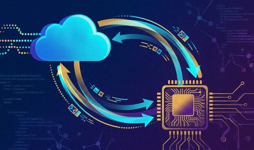 Ilustración conceptual de un flujo de datos circular entre una nube y un procesador sobre un fondo con código de programación.