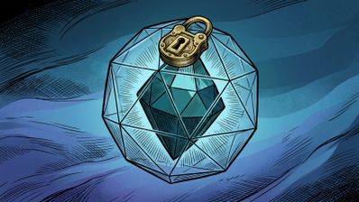 Ilustración de una gema azul facetada dentro de una estructura geométrica transparente cerrada con un candado dorado.