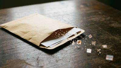 Sobre de papel abierto en una mesa de madera del cual salen partículas digitales e iconos de compras y precios.