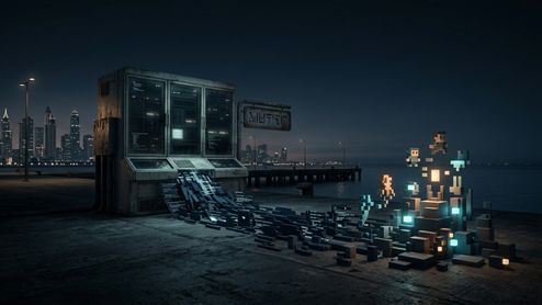 Representación conceptual de una máquina procesando código que se transforma en personajes y bloques de estética pixel art junto al mar.