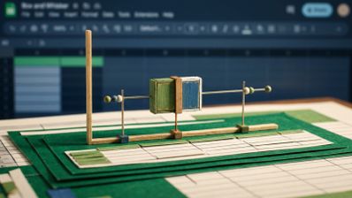 Maqueta de madera y papel que representa un gráfico de caja y bigotes sobre una hoja de cálculo impresa, con la interfaz de Google Sheets al fondo.
