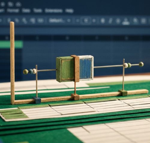Maqueta de madera y papel que representa un gráfico de caja y bigotes sobre una hoja de cálculo impresa, con la interfaz de Google Sheets al fondo.