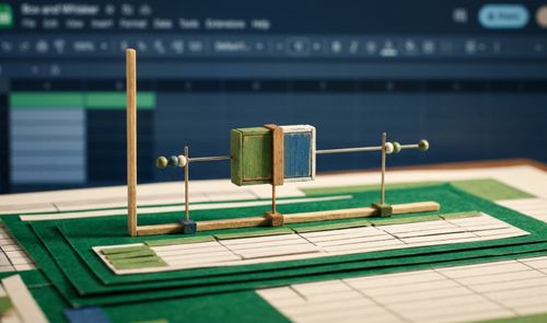 Maqueta de madera y papel que representa un gráfico de caja y bigotes sobre una hoja de cálculo impresa, con la interfaz de Google Sheets al fondo.