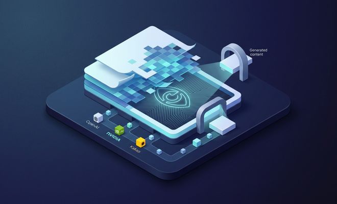 Ilustración isométrica de SynthID Detector analizando capas de contenido digital con logotipos de OpenAI, NVIDIA y Kakao.